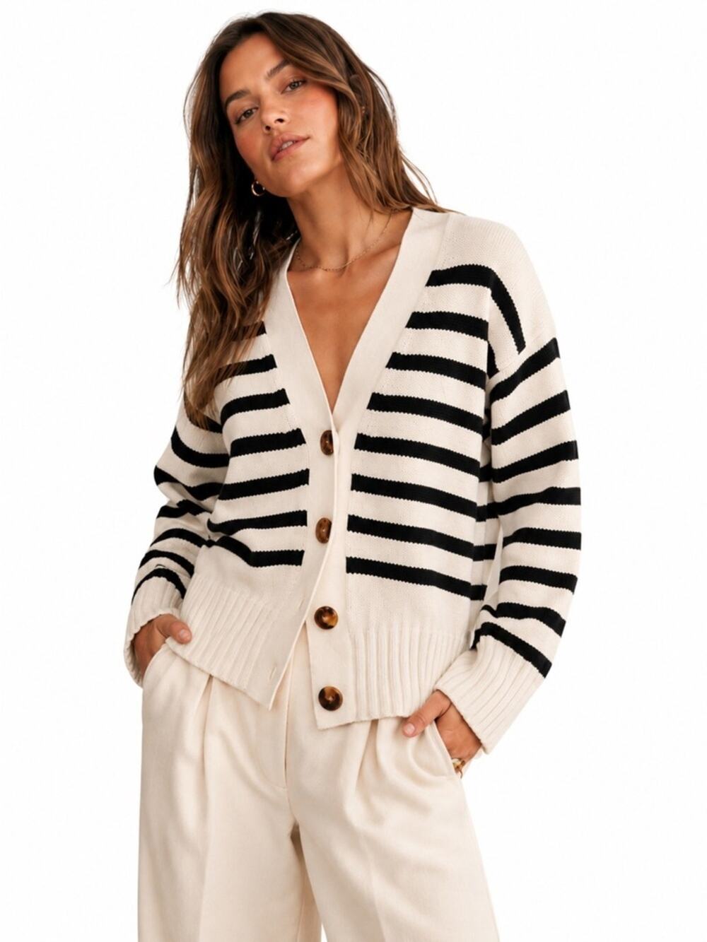Magaschoni Ivory and Black Striped V-Neck Button Cardigan, Relaxed,  Academia M
